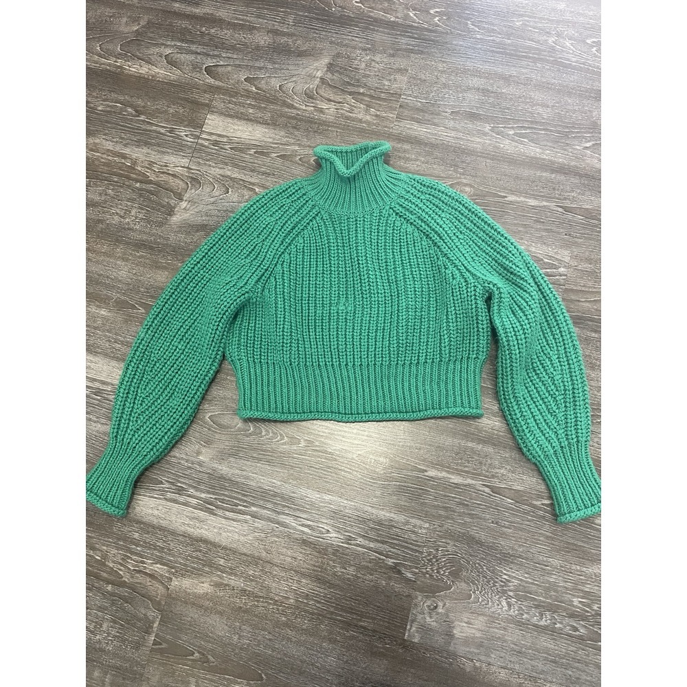 H&M Green Thick Chunky‎ Knit Crop Wool Blend Mock Neck Sweater Womens size Small